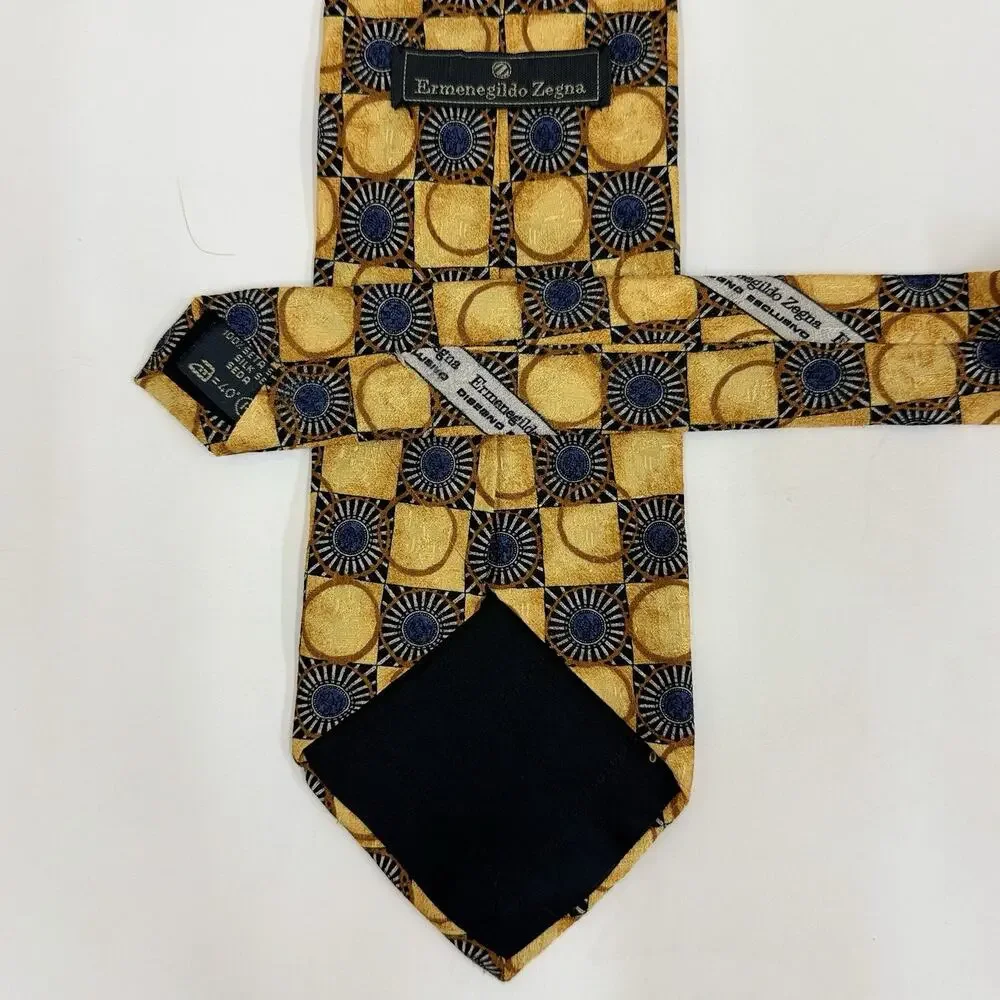 Ermenegildo Zegna Gold Navy Geometric Medallion Silk Tie Made in Italy Disegno